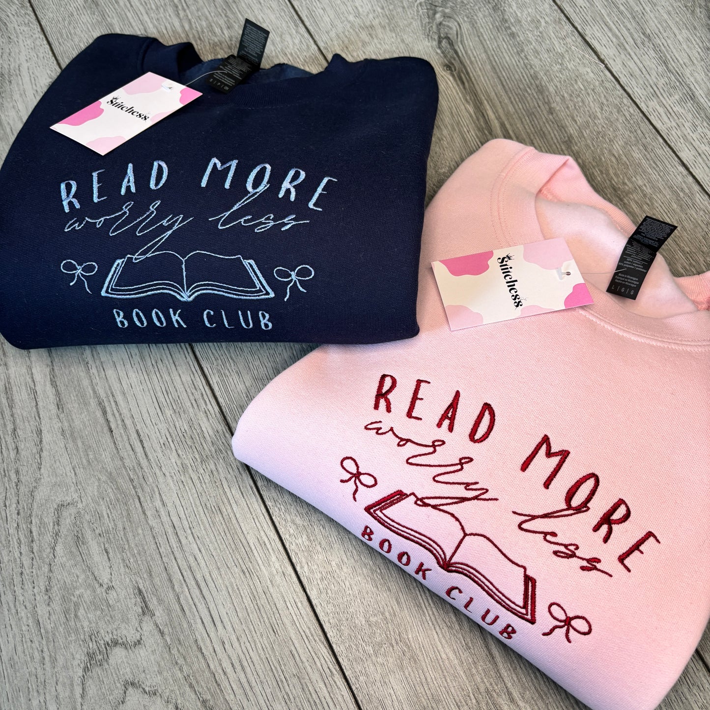 READ MORE WORRY LESS BOOKCLUB EMBROIDERED SWEATSHIRT
