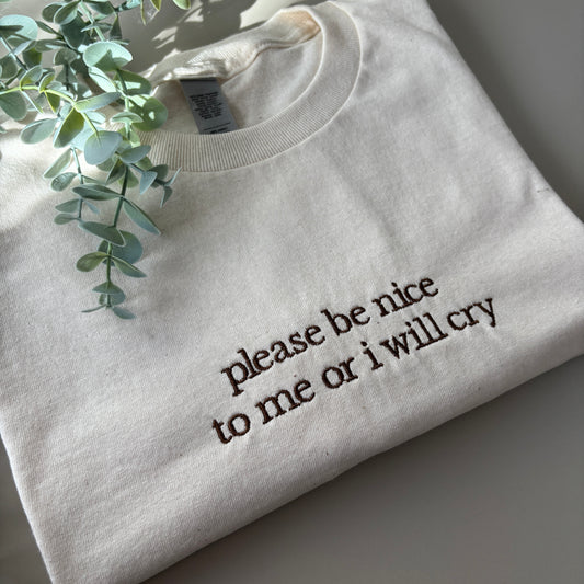 PLEASE BE NICE TO ME EMBROIDERED SWEATSHIRT/ T-SHIRT