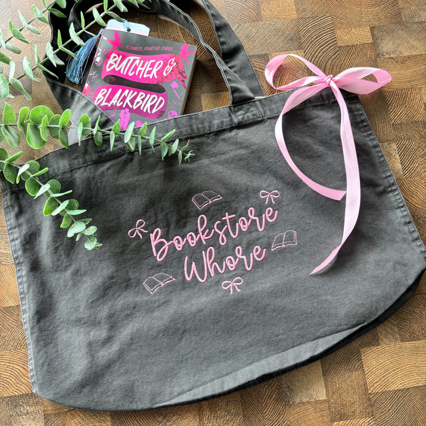 BOOKSTORE WHORE EMBROIDERED GARMENT DYED TOTE BAG đ