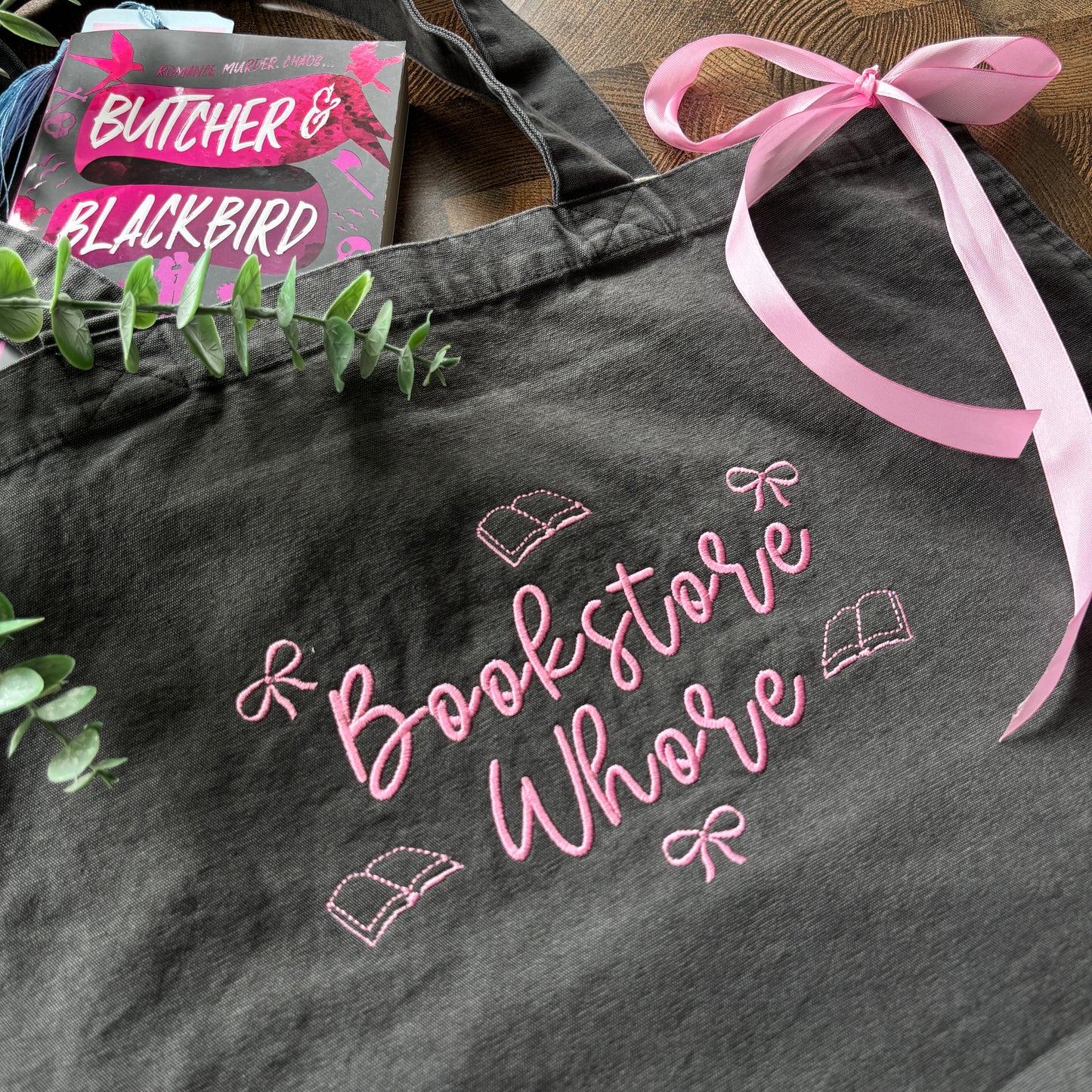 BOOKSTORE WHORE EMBROIDERED GARMENT DYED TOTE BAG đ