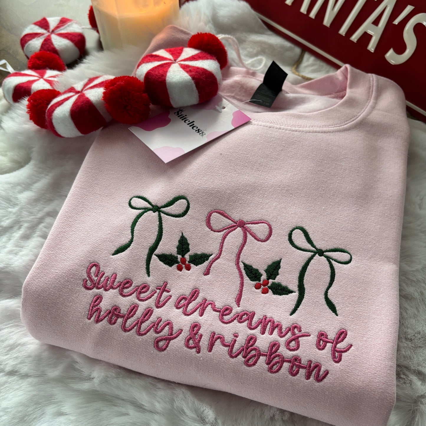 SWEET DREAMS OF HOLLY & RIBBON EMBROIDERED SWEATSHIRT