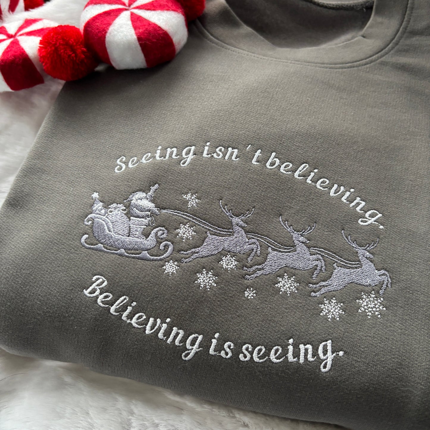 SEEING ISN'T BELIEVING SANTA CLAUSE EMBROIDERED SWEATSHIRT