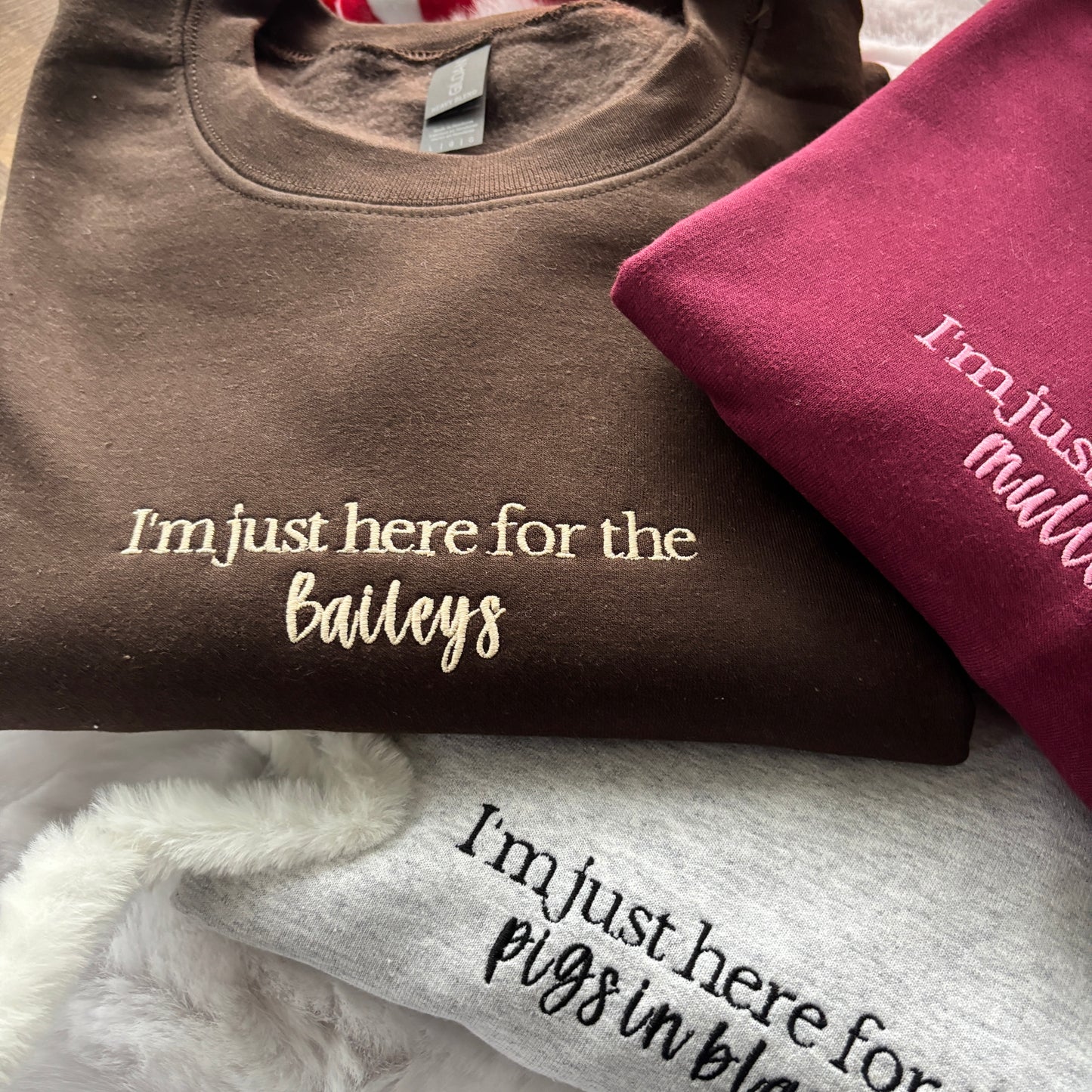 I'M JUST HERE FOR THE SLOGAN CHRISTMAS EMBROIDERED SWEATSHIRT