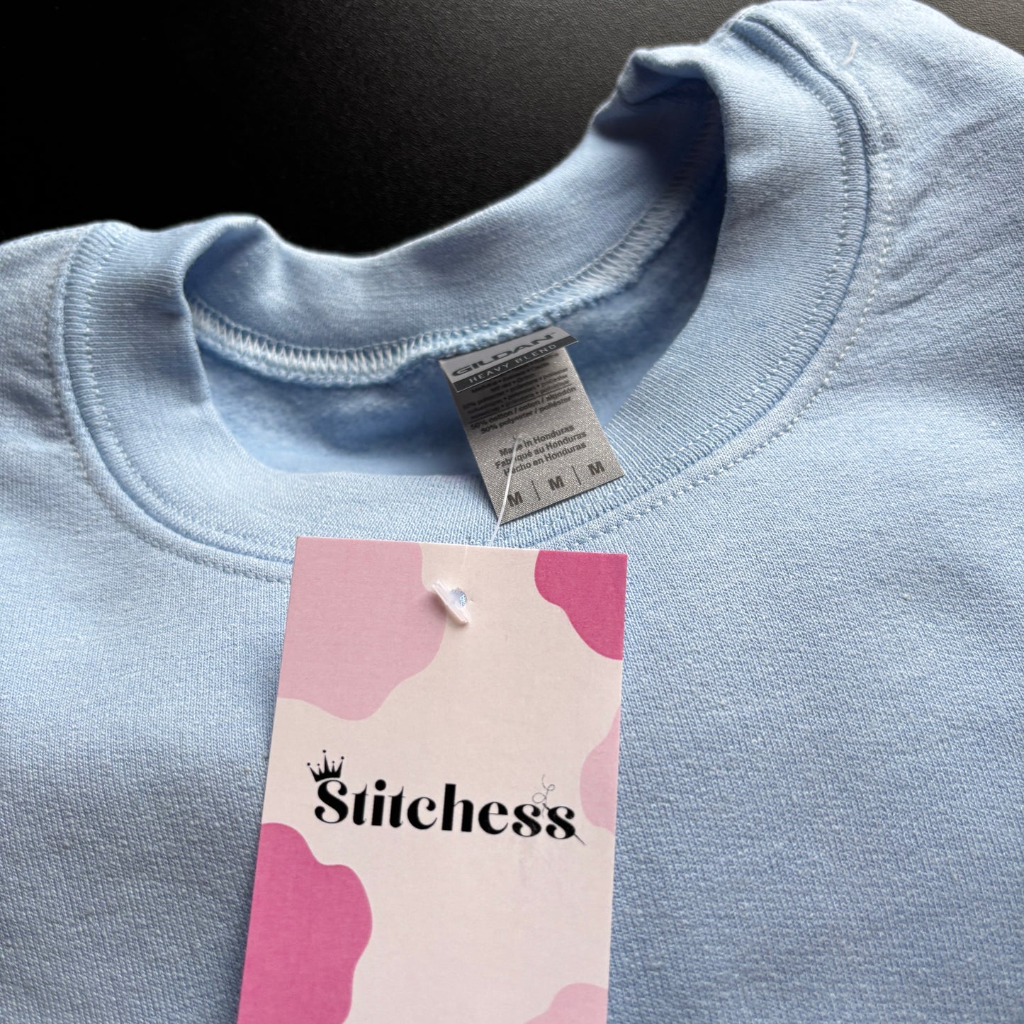 MEDIUM BLUE SORRY I'M LATE EMBROIDERED SWEATSHIRT *SAMPLE*