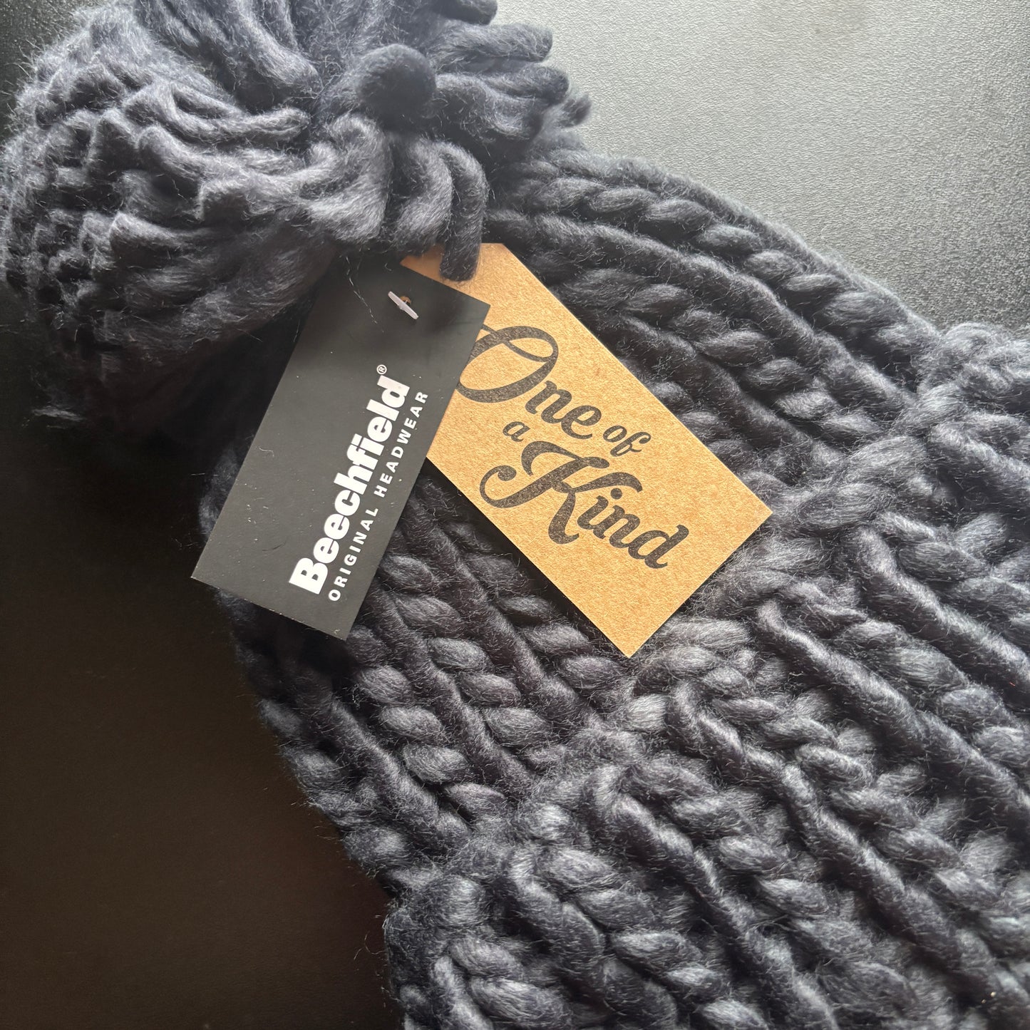 NAVY COSY HAND KNITTED POMPOM BEANIE