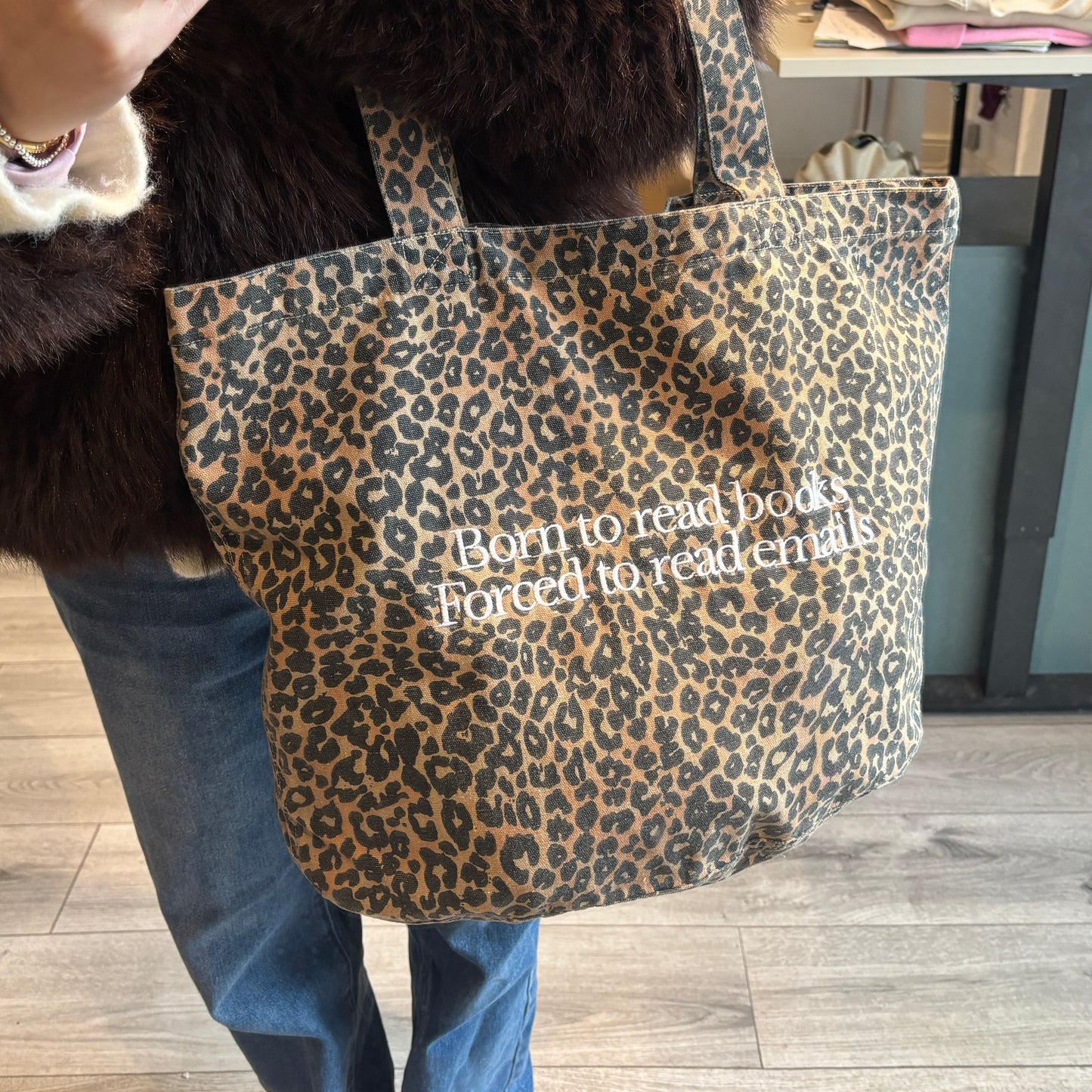 BORN TO READ BOOKS FORCED TO READ EMAILS EMBROIDERED LEOPARD PRINT TOTE BAG 🎀