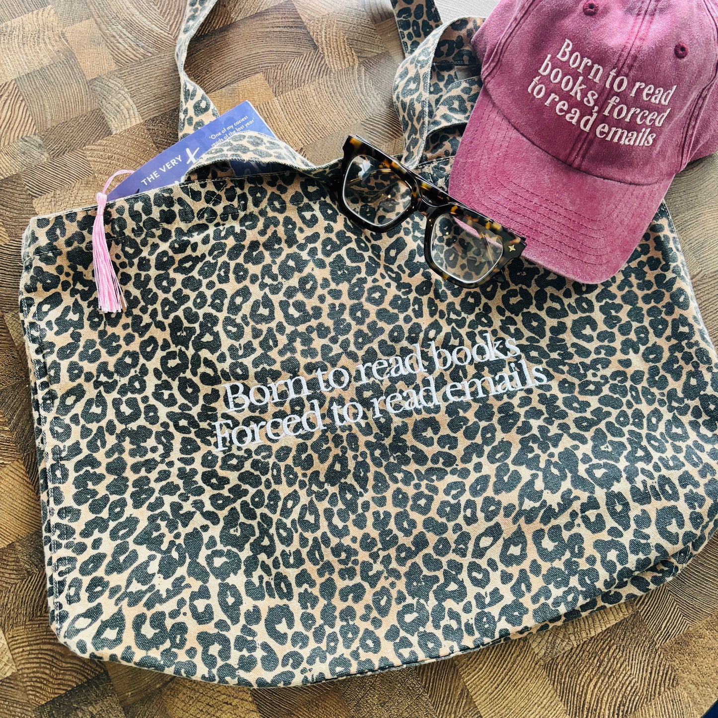 BORN TO READ BOOKS FORCED TO READ EMAILS EMBROIDERED LEOPARD PRINT TOTE BAG 🎀