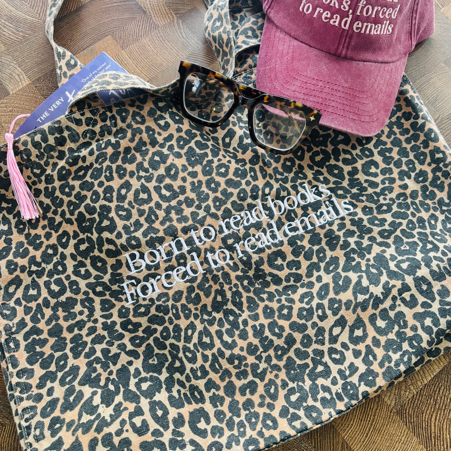 BORN TO READ BOOKS FORCED TO READ EMAILS EMBROIDERED LEOPARD PRINT TOTE BAG 🎀