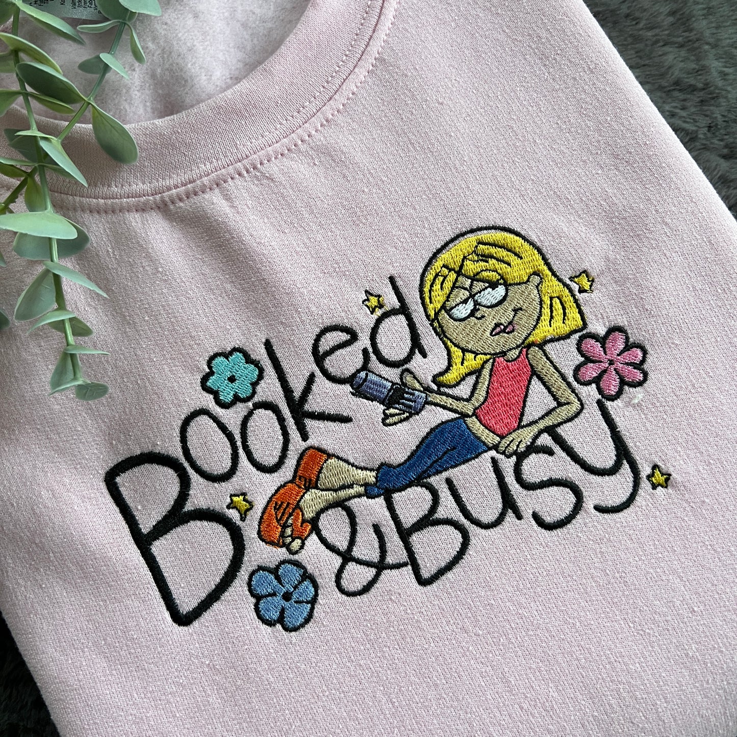 LIZZIE BOOKED & BUSY EMBROIDERED SWEATSHIRT