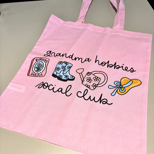 GRANDMA HOBBIES SOCIAL CLUB LIGHTWEIGHT PINK TOTE