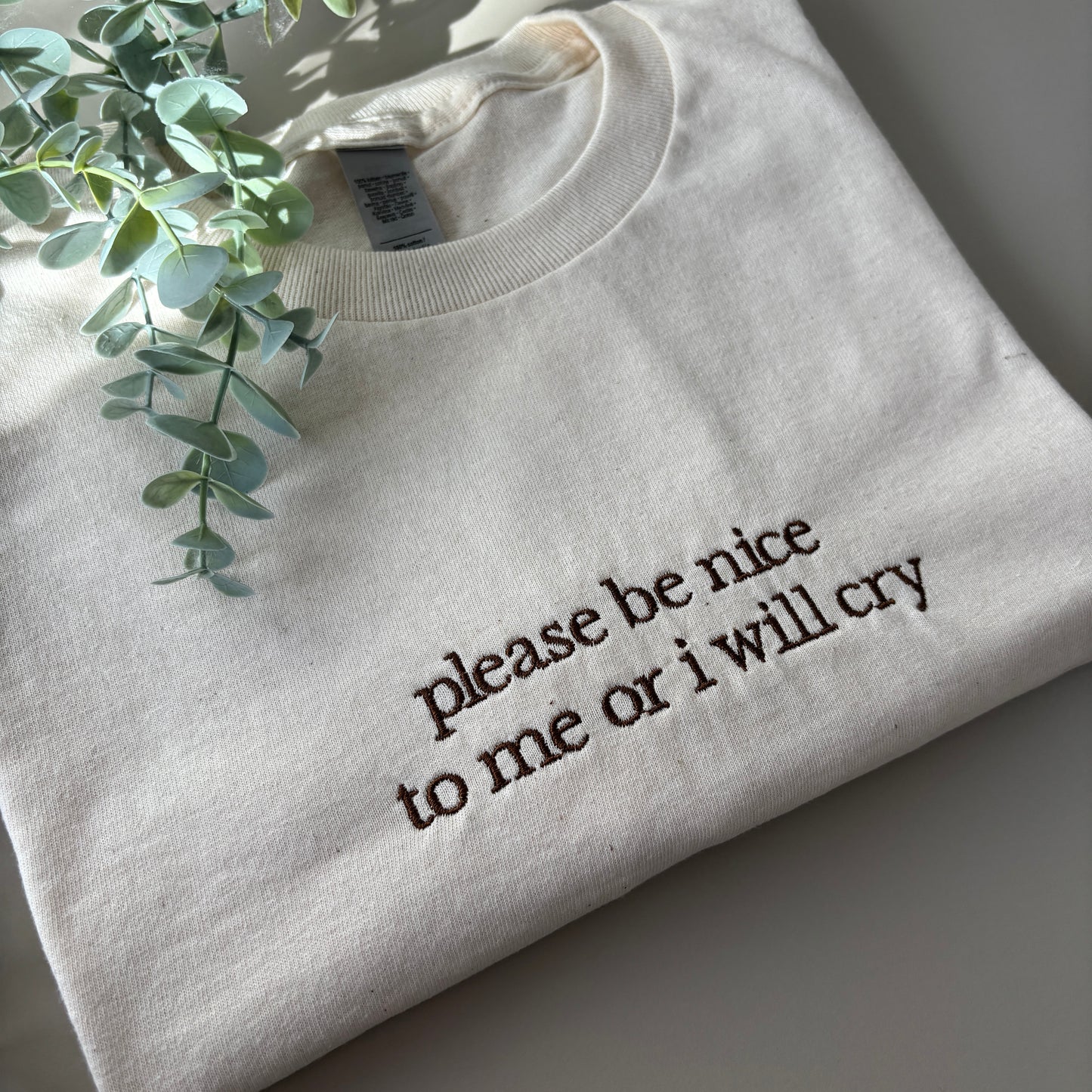 PLEASE BE NICE TO ME EMBROIDERED SWEATSHIRT