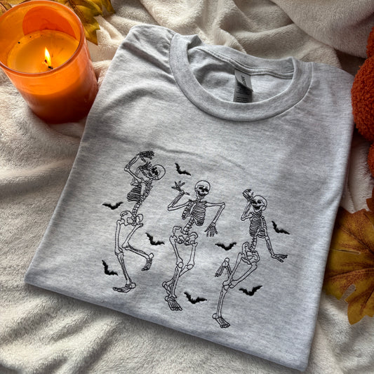 DANCING SKELETONS EMBROIDERED T-SHIRT
