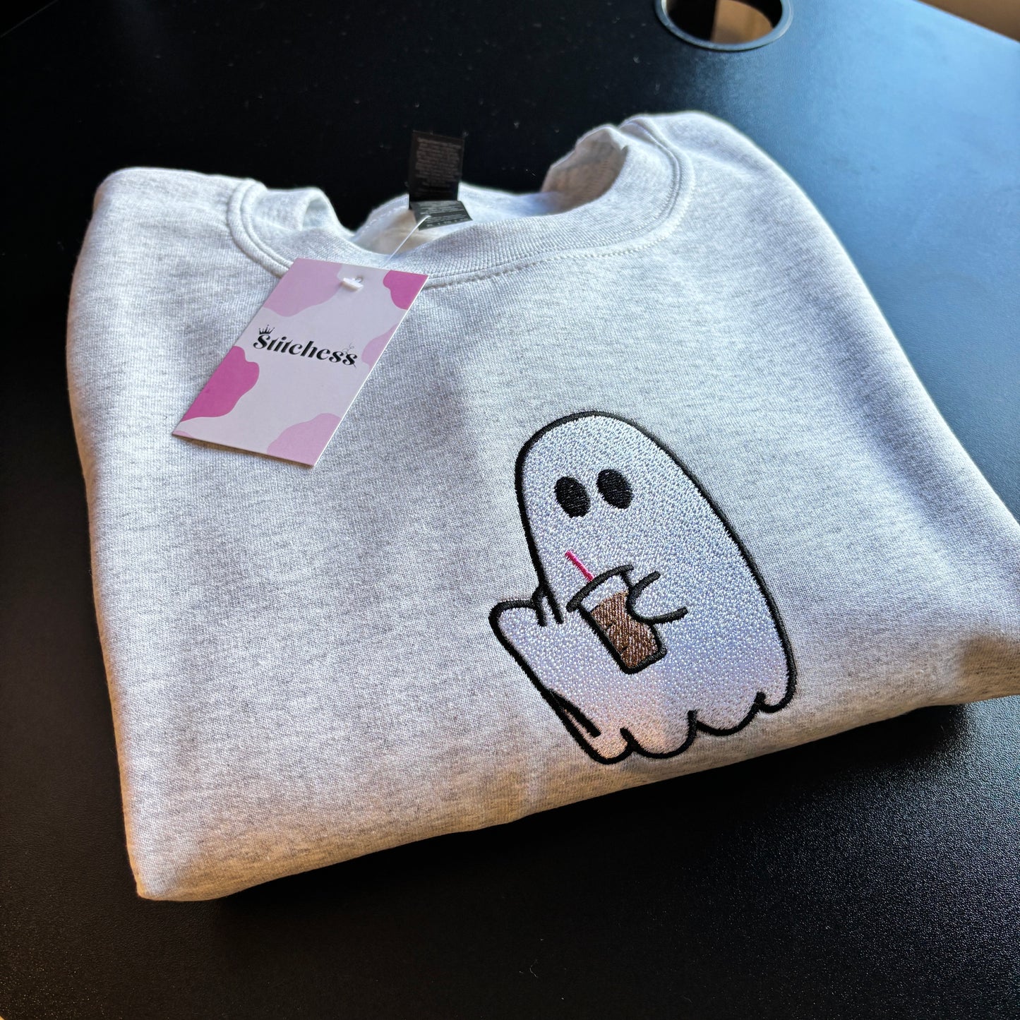READY TO SHIP XL ASH ICED COFFEE GHOST EMBROIDERED SWEATSHIRT