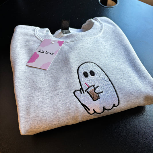 READY TO SHIP XL ASH ICED COFFEE GHOST EMBROIDERED SWEATSHIRT