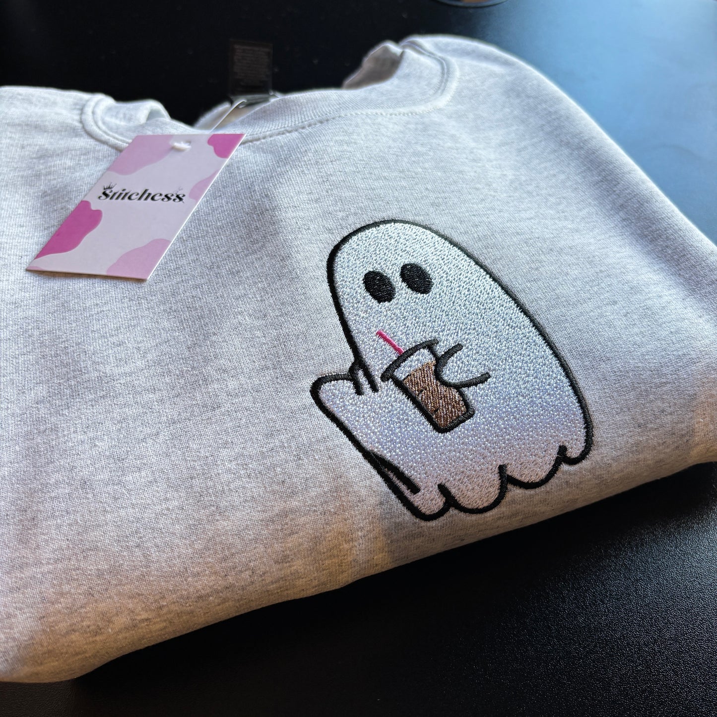 READY TO SHIP XL ASH ICED COFFEE GHOST EMBROIDERED SWEATSHIRT