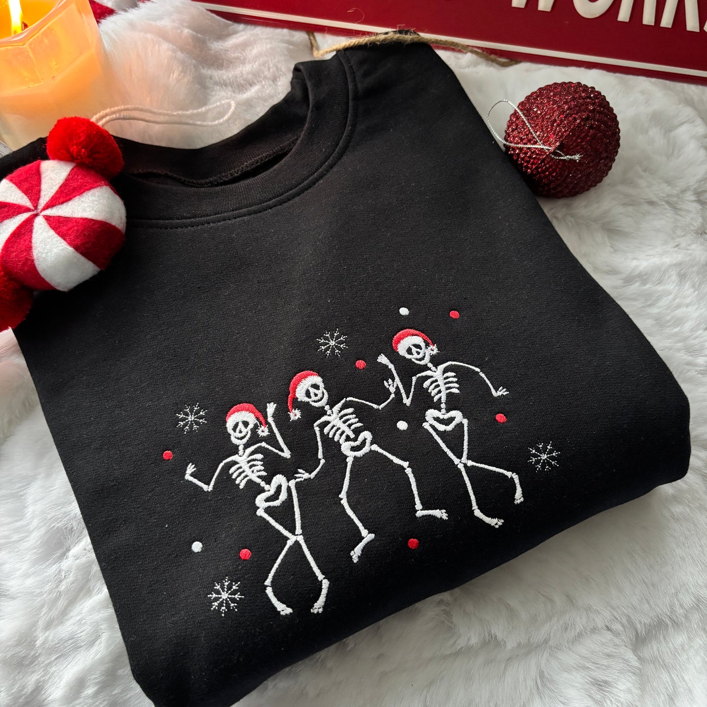 CHRISTMAS DANCING SKELETONS EMBROIDERED SWEATSHIRT