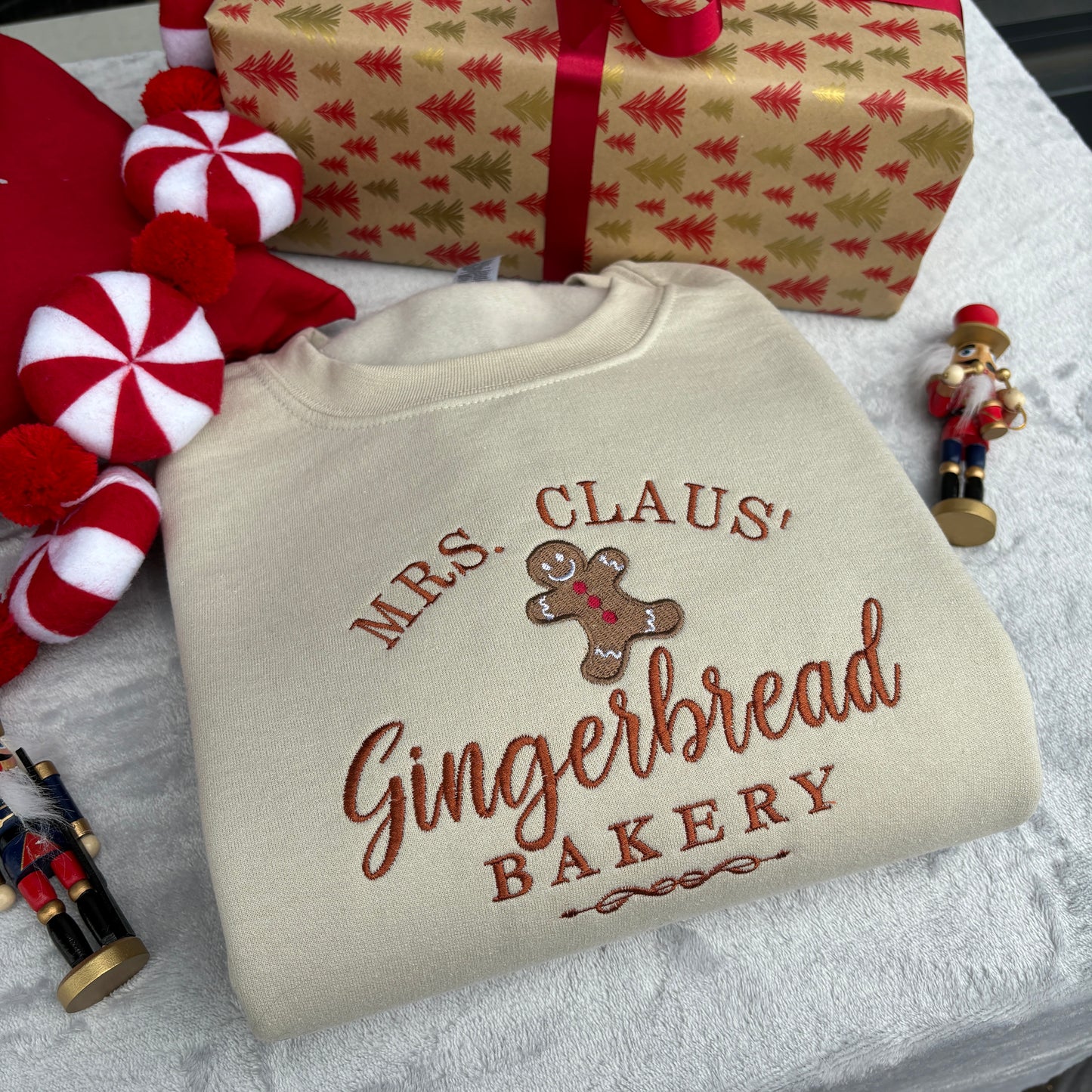 MRS CLAUS GINGERBREAD EMBROIDERED SWEATSHIRT