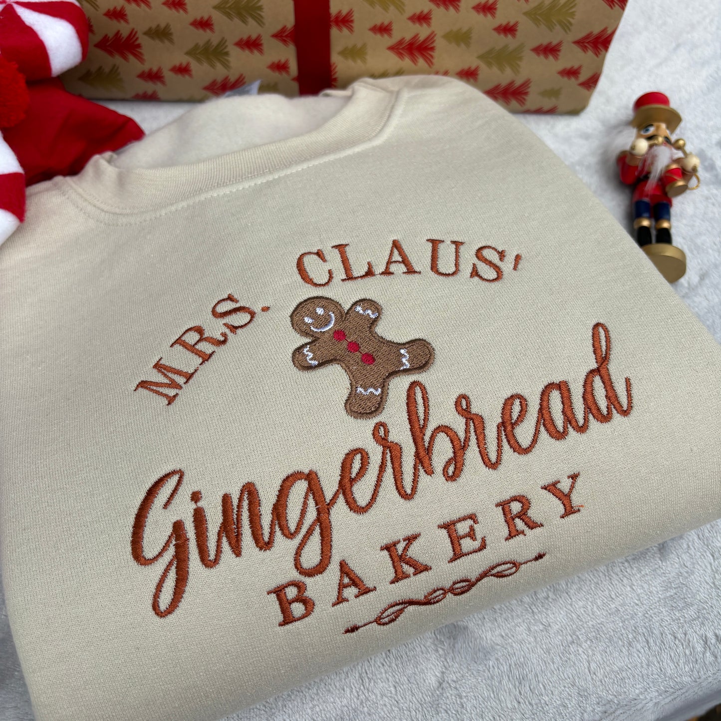 MRS CLAUS GINGERBREAD EMBROIDERED SWEATSHIRT