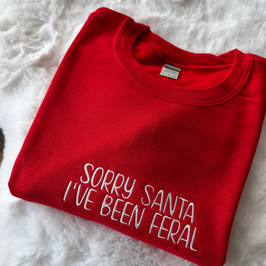 READY TO SHIP LARGE RED SORRY SANTA EMBROIDERED SWEATSHIRT (SAMPLE!)