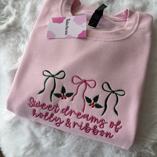 READY TO SHIP XL PINK HOLLY & RIBBON EMBROIDERED SWEATSHIRT