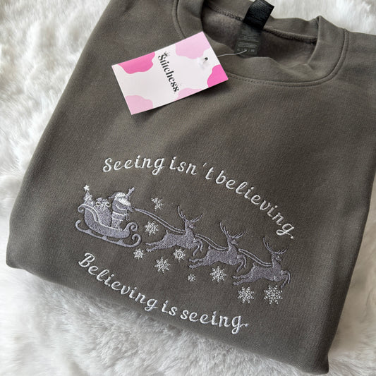 READY TO SHIP XL CHARCOAL SEEING ISNT BELIEVING EMBROIDERED SWEATSHIRT