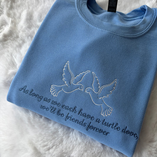 READY TO SHIP LARGE BLUE TURTLE DOVES EMBROIDERED SWEATSHIRT