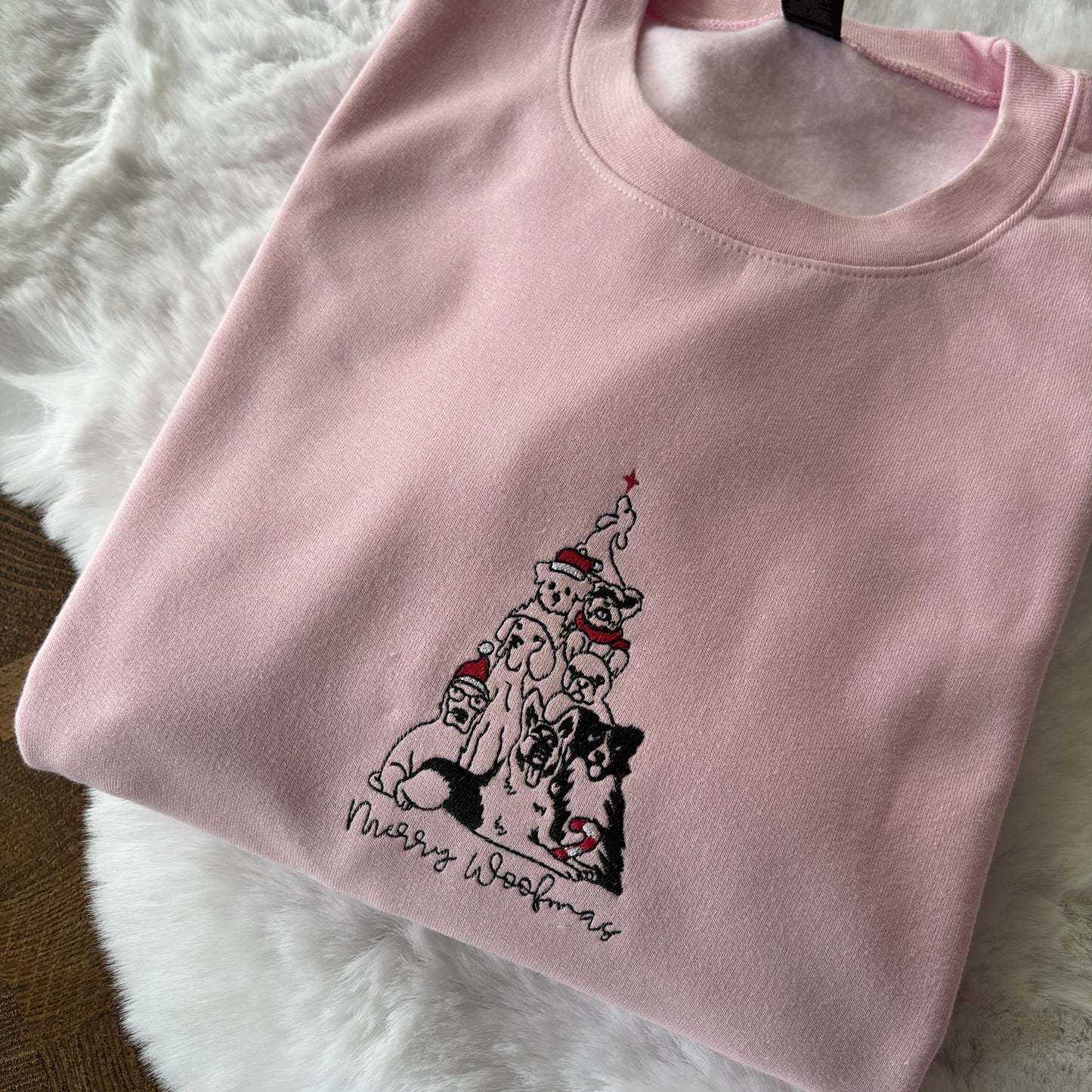 READY TO SHIP LARGE PINK MERRY WOOFMAS EMBROIDERED SWEATSHIRT