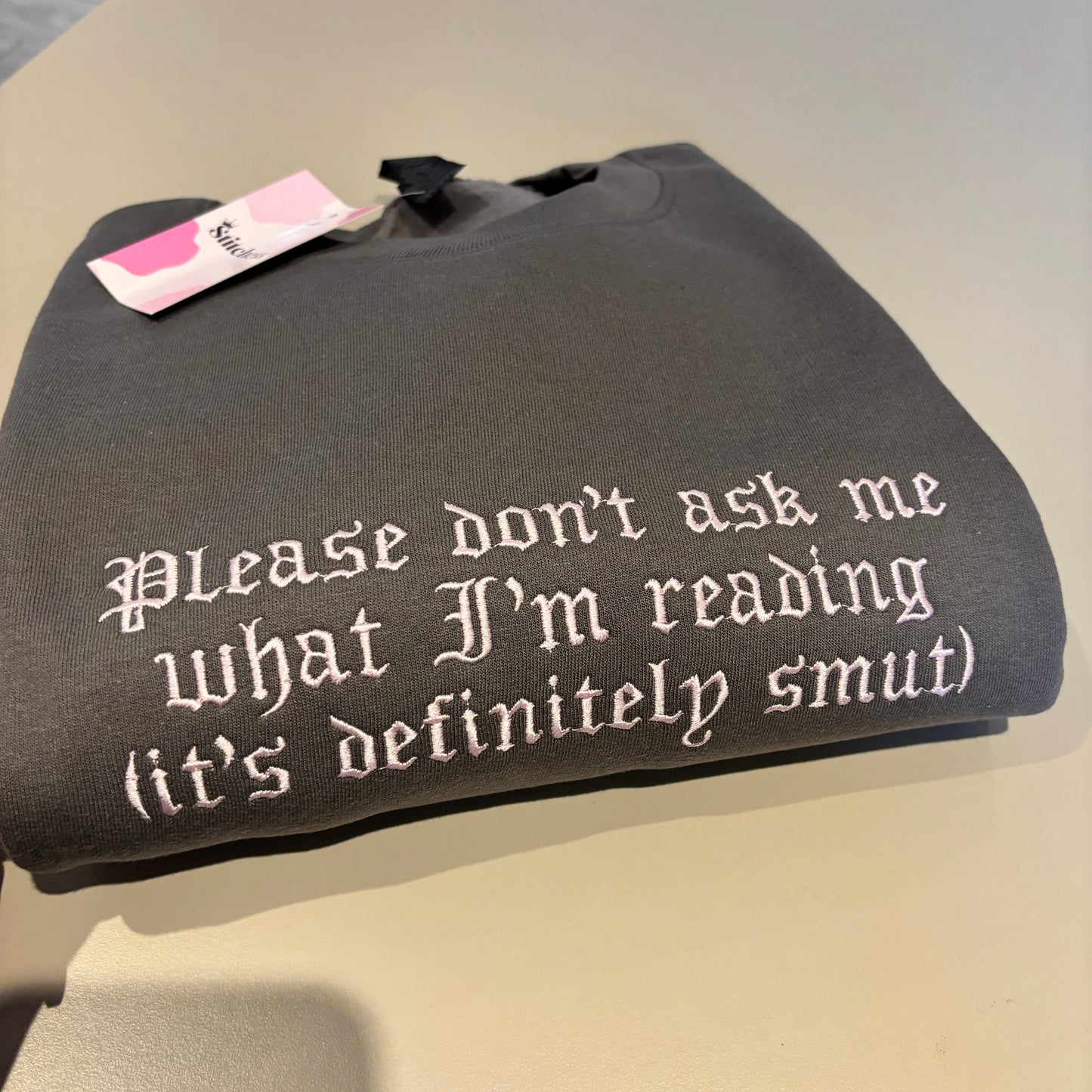 SMALL CHARCOAL PROBABLY SMUT EMBROIDERED SWEATSHIRT *SAMPLE*