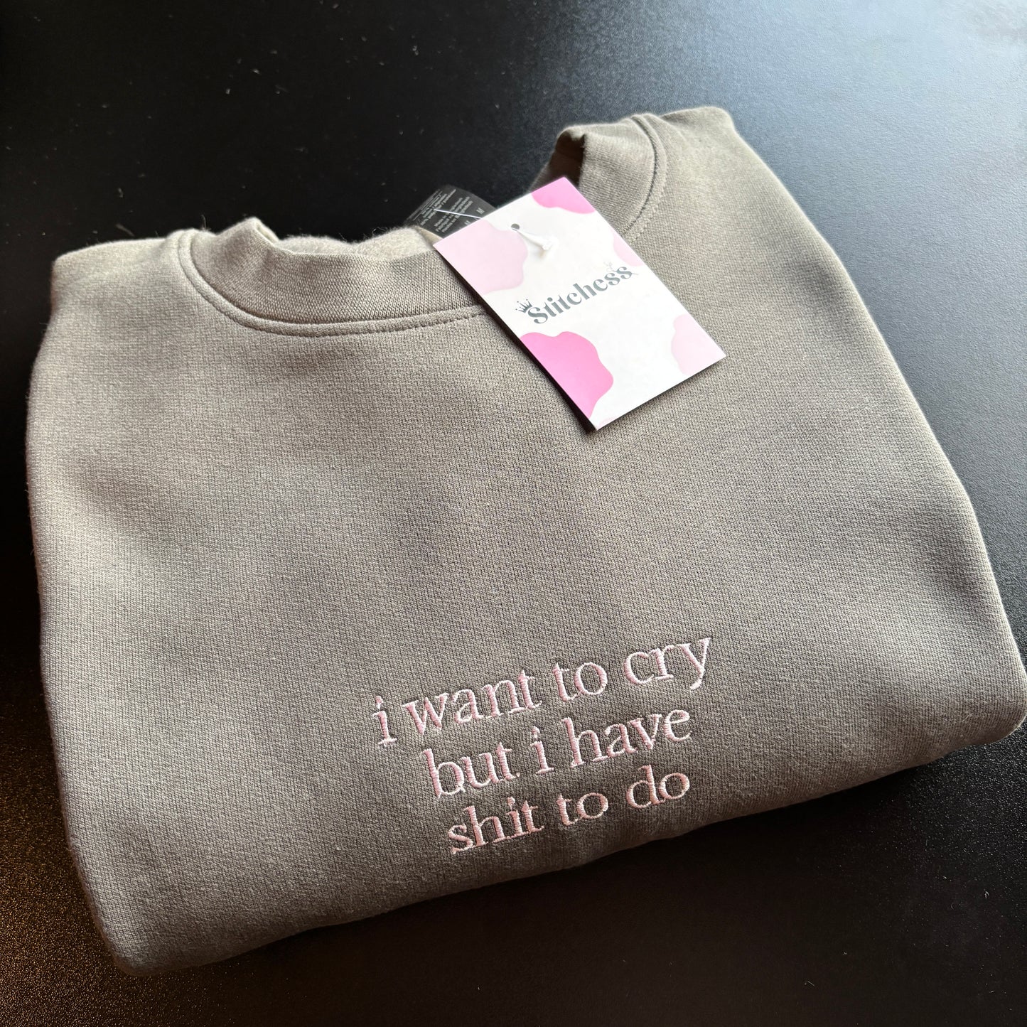 MEDIUM CHARCOAL WANT TO CRY EMBROIDERED SWEATSHIRT *SAMPLE*