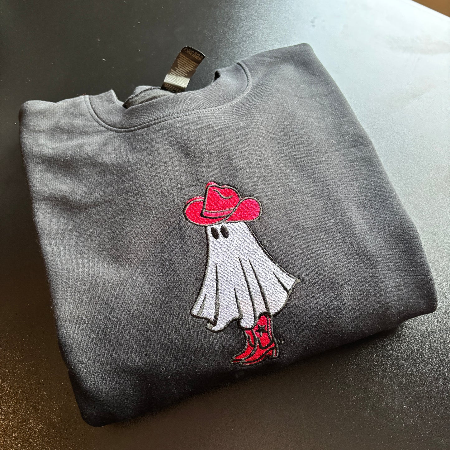 LARGE BLACK COWBOY GHOST EMBROIDERED SWEATSHIRT *SECONDS*