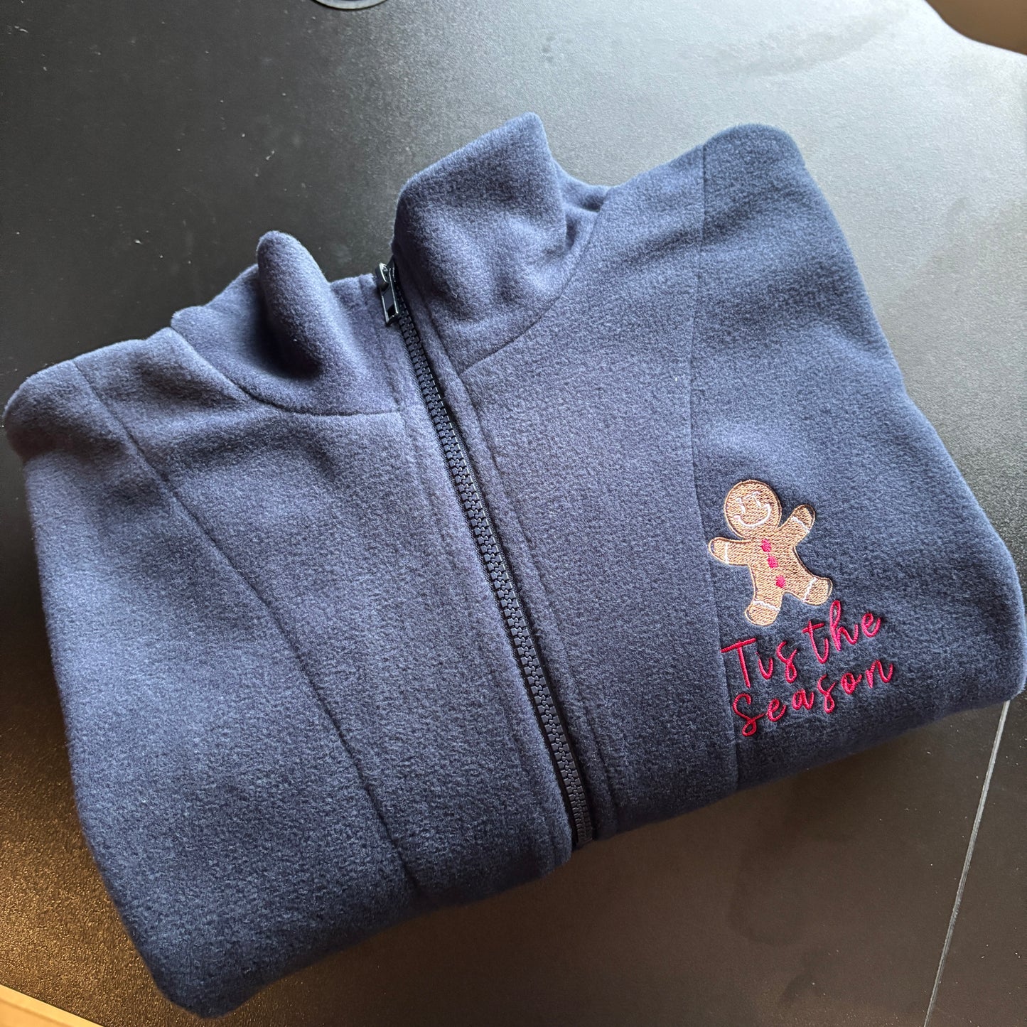 LARGE NAVY TIS THE SEASON EMBROIDERED FLEECE *SAMPLE*