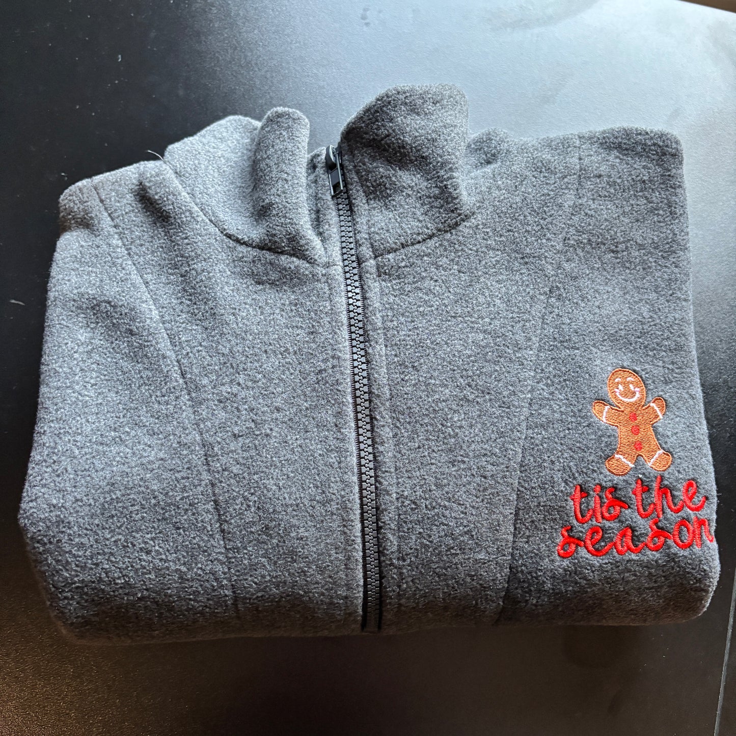 LARGE CHARCOAL TIS THE SEASON EMBROIDERED FLEECE *SAMPLE*
