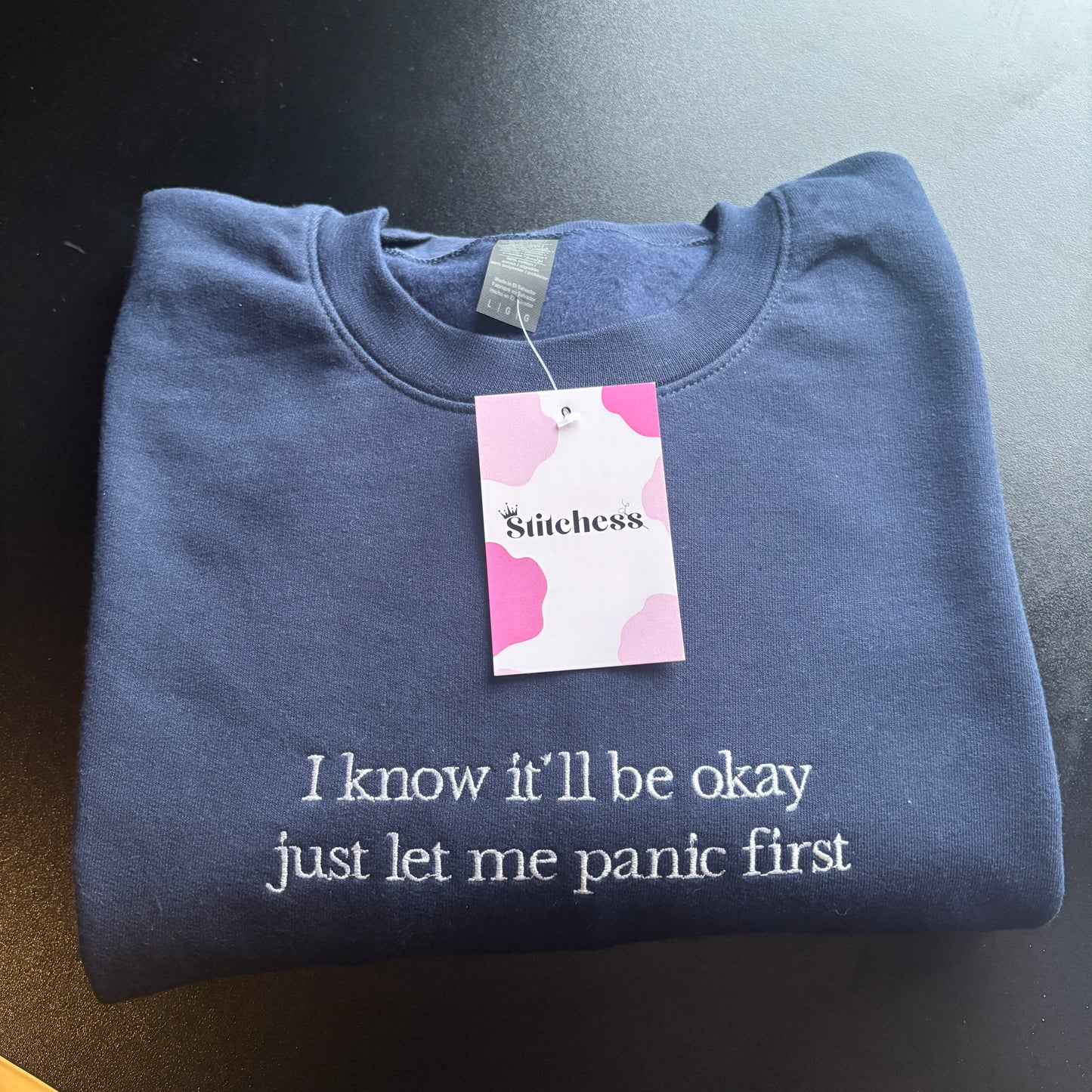 LARGE NAVY LET ME PANIC EMBROIDERED SWEATSHIRT *SAMPLE*