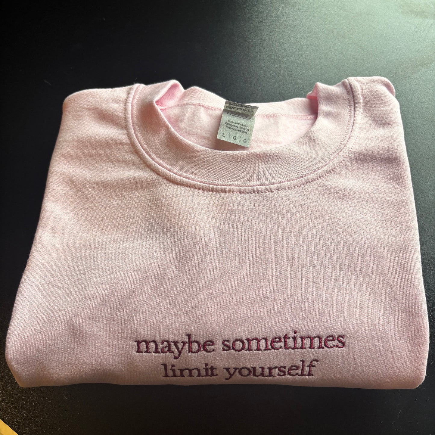LARGE PINK LIMIT YOURSELF EMBROIDERED SWEATSHIRT *SECONDS*