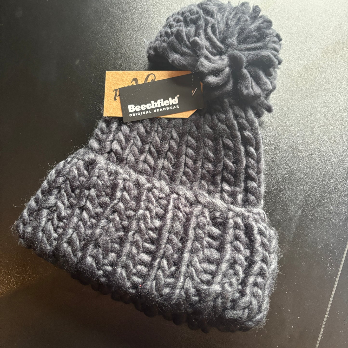 NAVY COSY HAND KNITTED POMPOM BEANIE