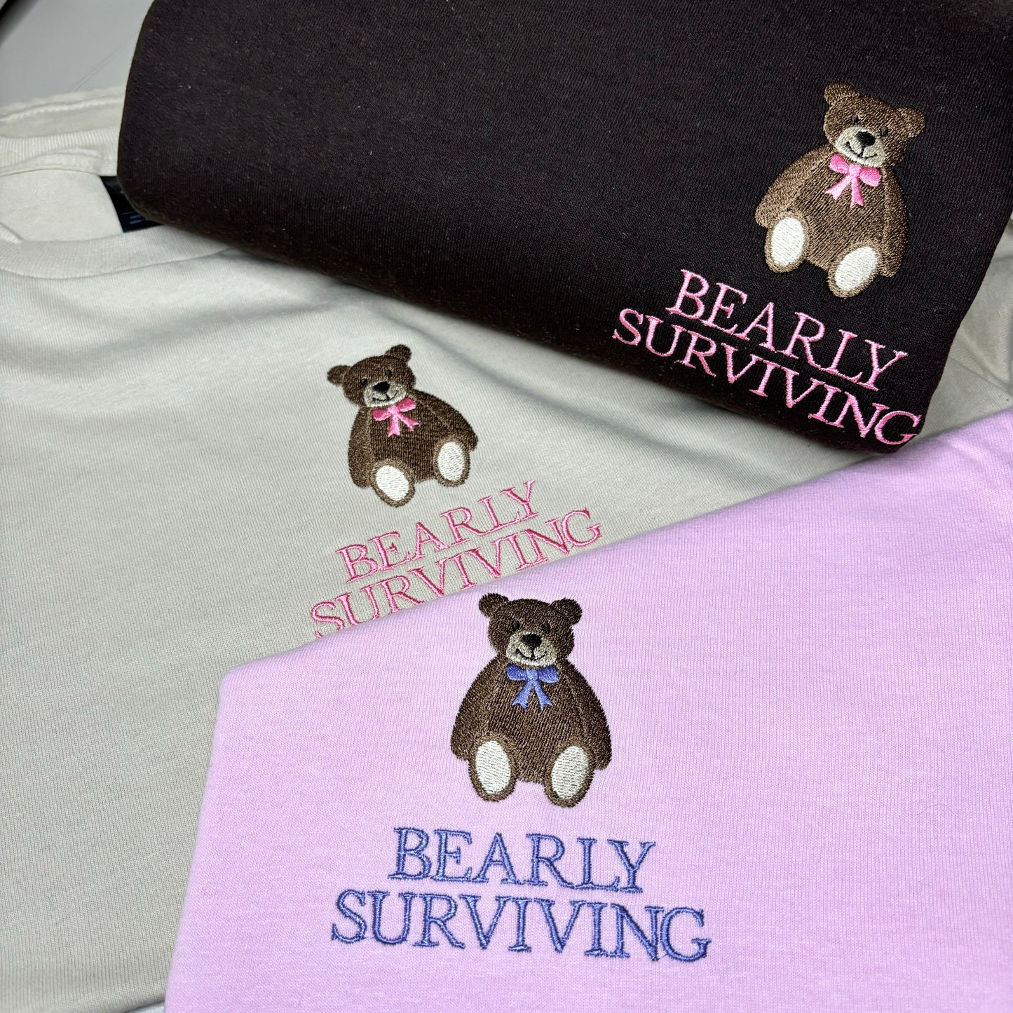 BEARLY SURVIVING EMBROIDERED T-SHIRT/SWEATSHIRT